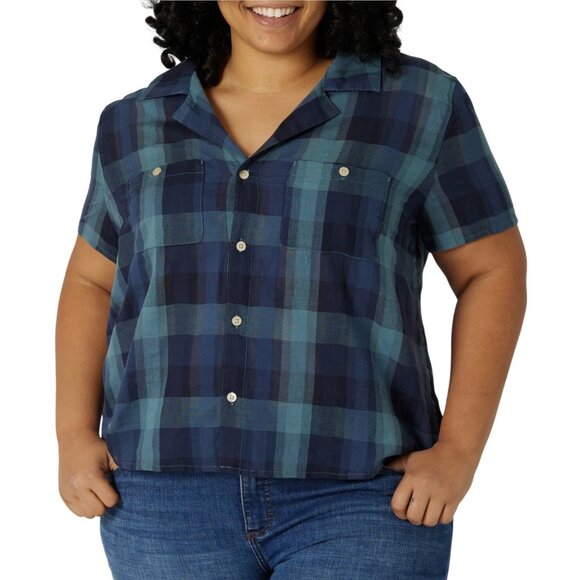 Lee Women Plaid Button-Up Short Sleeve Shirt Blouse Blue/Teal Size 2X - Picture 1 of 9